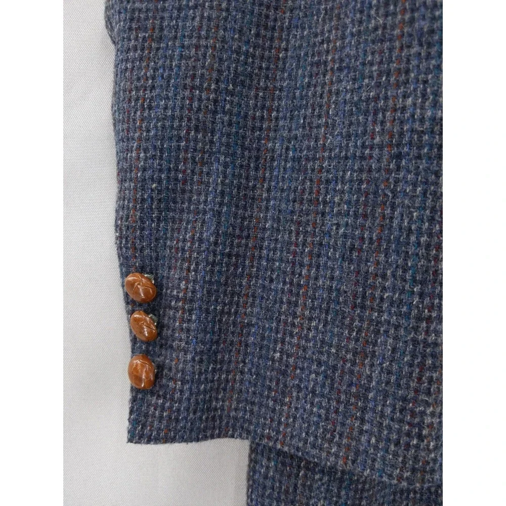 Vintage Wool Tweed Sport Coat Mens 44L Blue Brown Micro Check Two Button Blazer